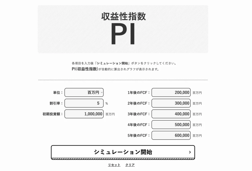 PI｜収益性指数の計算・グラフ化シミュレーターツール 財務データ入力画面